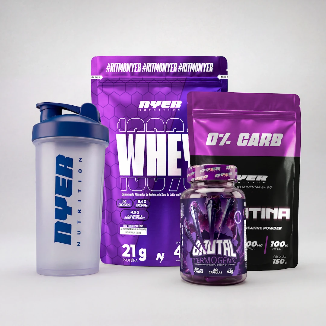 Combo Whey 420g + Creatina 150g + Termogênico Brutal 60 CAPS + Coqueteleira NYER