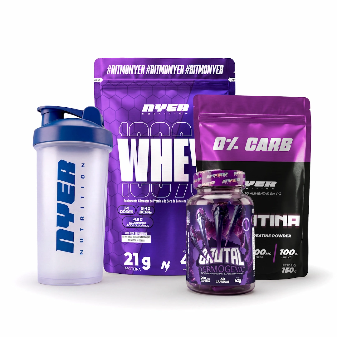 Combo Whey 420g + Creatina 150g + Termogênico Brutal 60 CAPS + Coqueteleira NYER