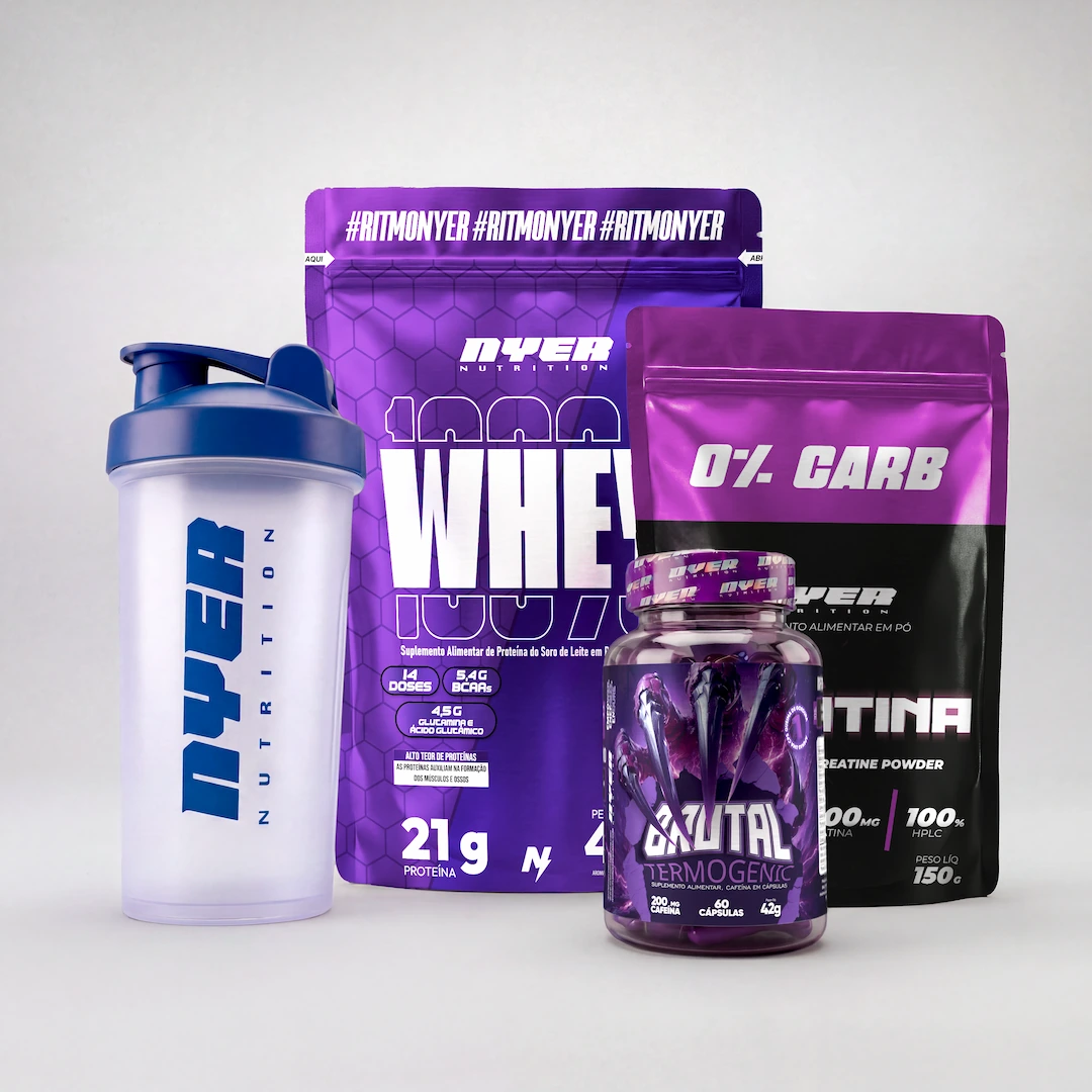 Combo Whey 420g + Creatina 150g + Termogênico Brutal 60 CAPS + Coqueteleira NYER